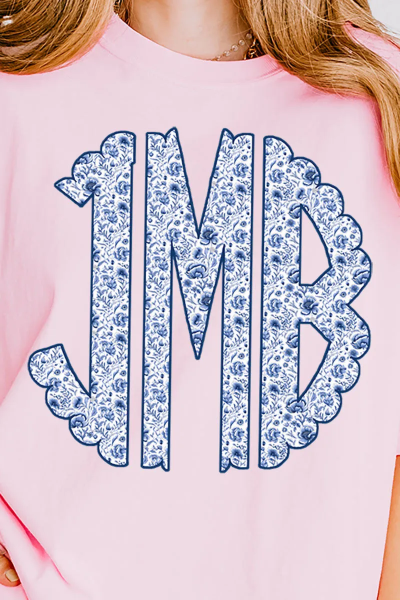 Blue Chinoiserie 3 Letter Monogram Comfort Colors Adult Ring-Spun Cotton Tee