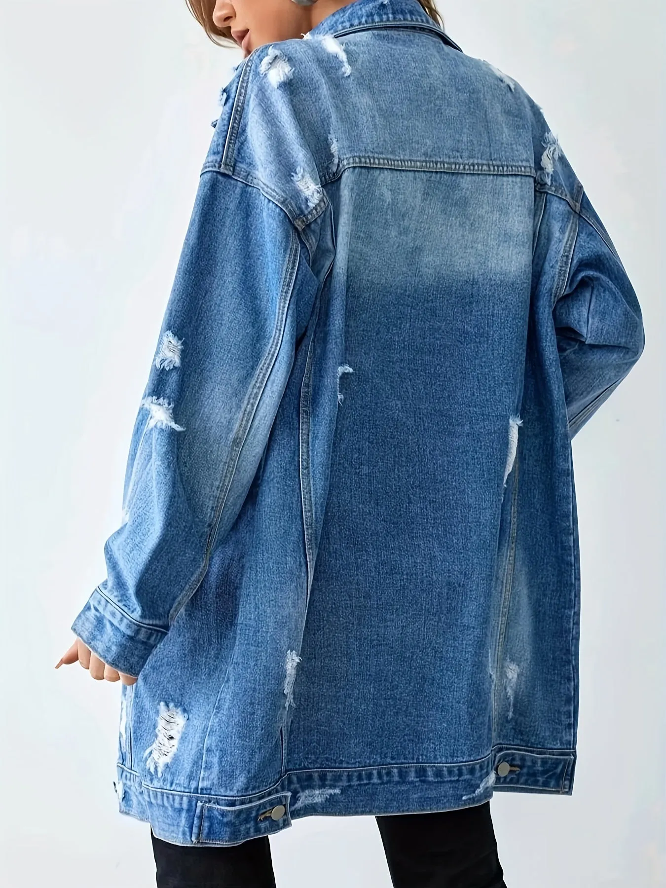 Blue Ripped Holes Long Denim Jackets, Long Sleeves Distressed Lapel Denim Coats, Women's Denim Clothing