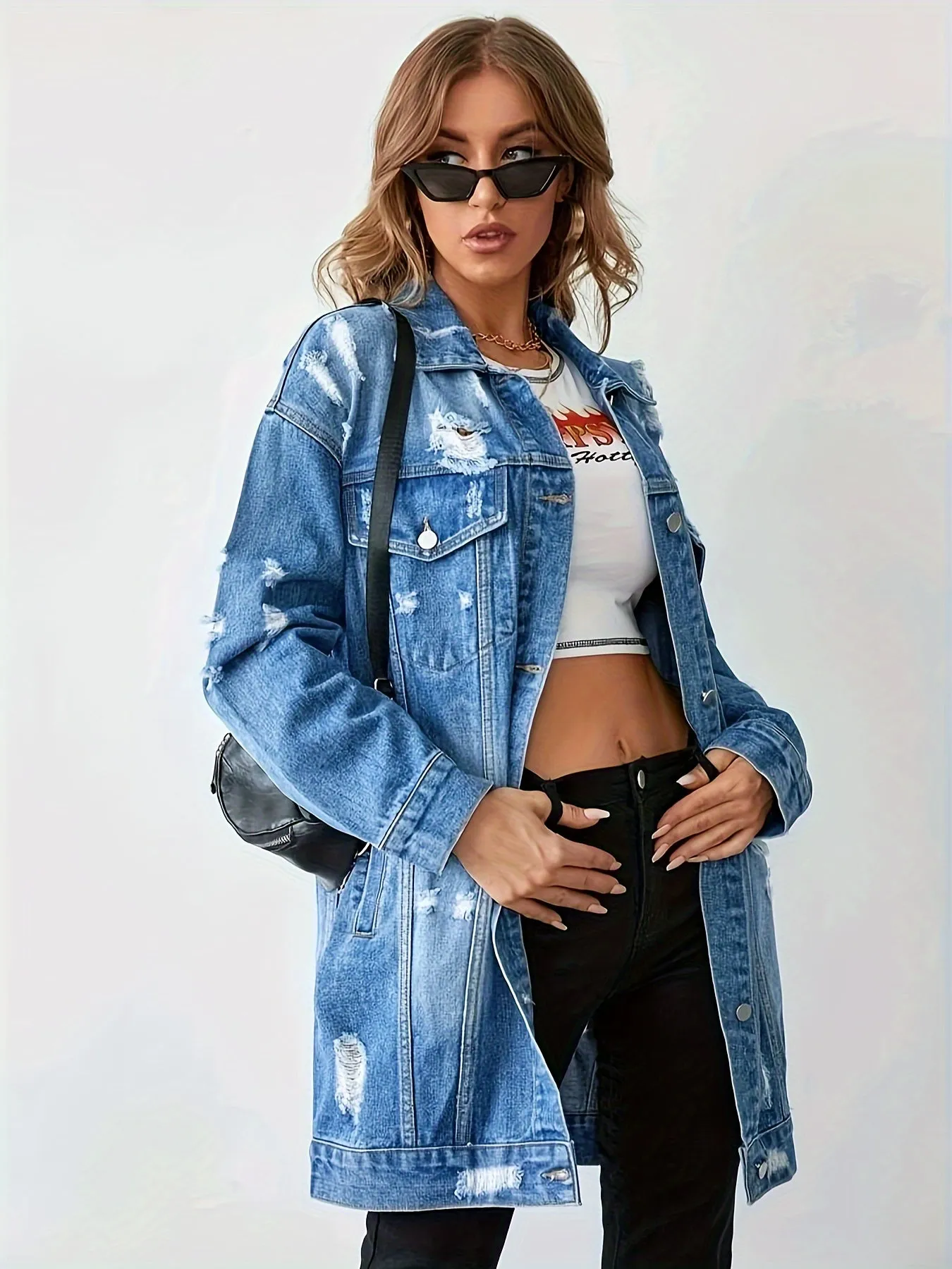 Blue Ripped Holes Long Denim Jackets, Long Sleeves Distressed Lapel Denim Coats, Women's Denim Clothing