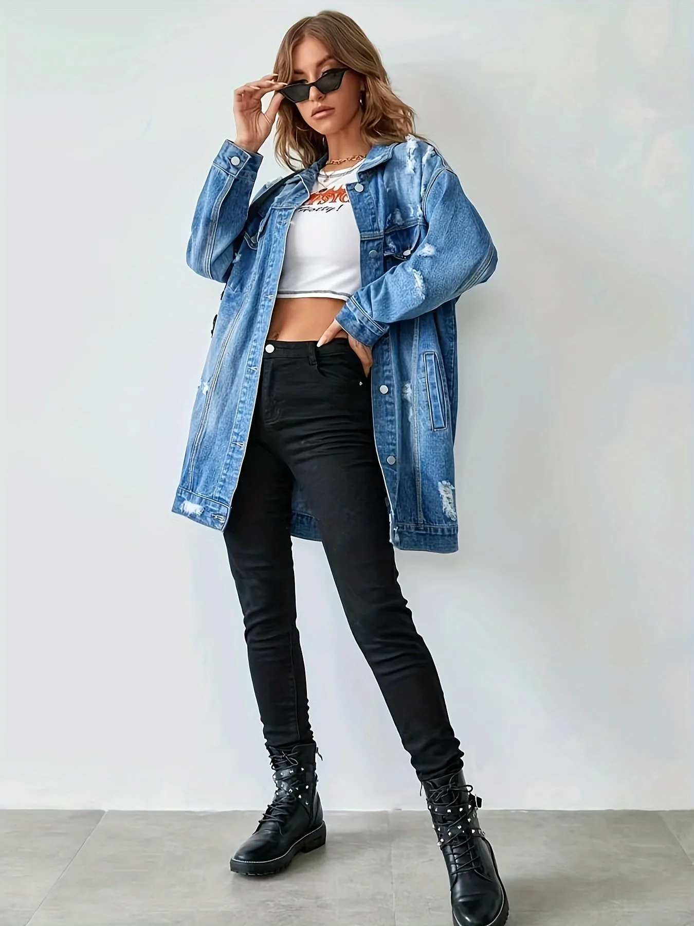 Blue Ripped Holes Long Denim Jackets, Long Sleeves Distressed Lapel Denim Coats, Women's Denim Clothing