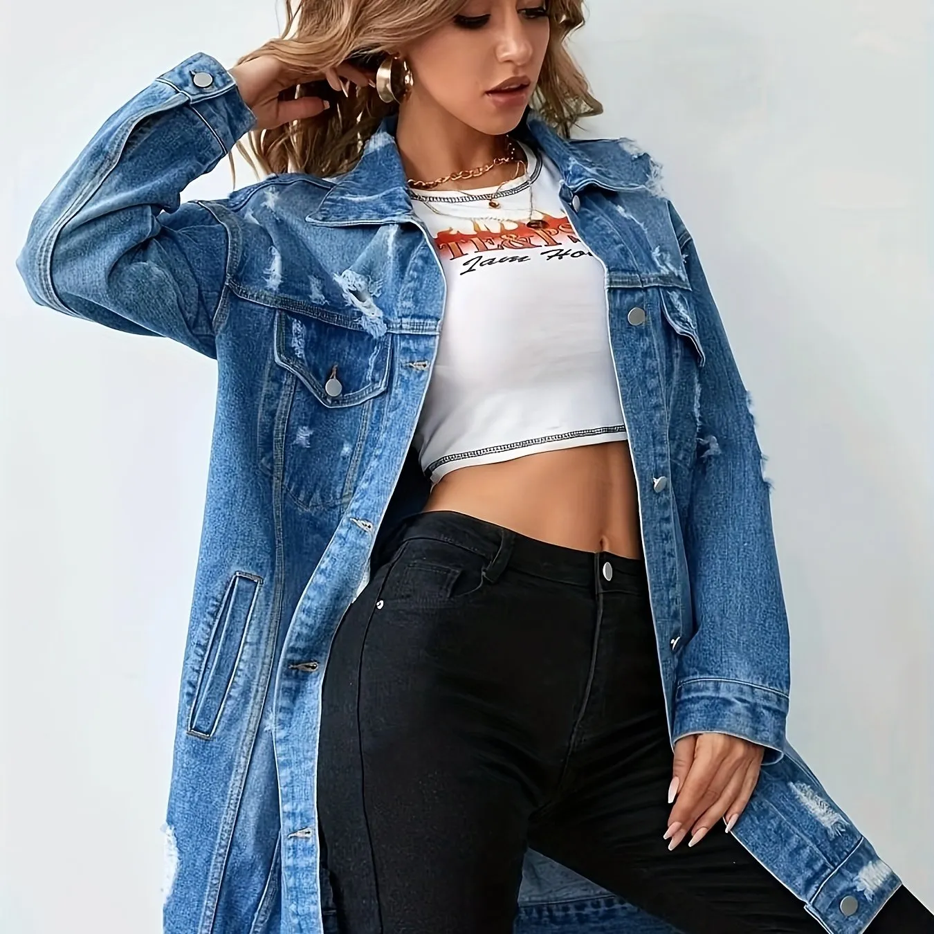 Blue Ripped Holes Long Denim Jackets, Long Sleeves Distressed Lapel Denim Coats, Women's Denim Clothing