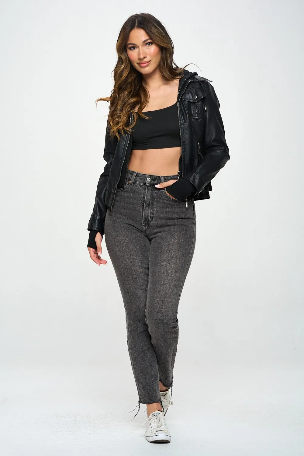Bomber Jacket with Inset and Hood - Black