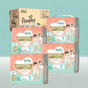 Carton Deal 4 Packs(128 Pieces) Pampers Premium Super Absorbent & Super Slim Nappy Pants | Size XL(12-22kg) | Best for Sensitive Skin Babies