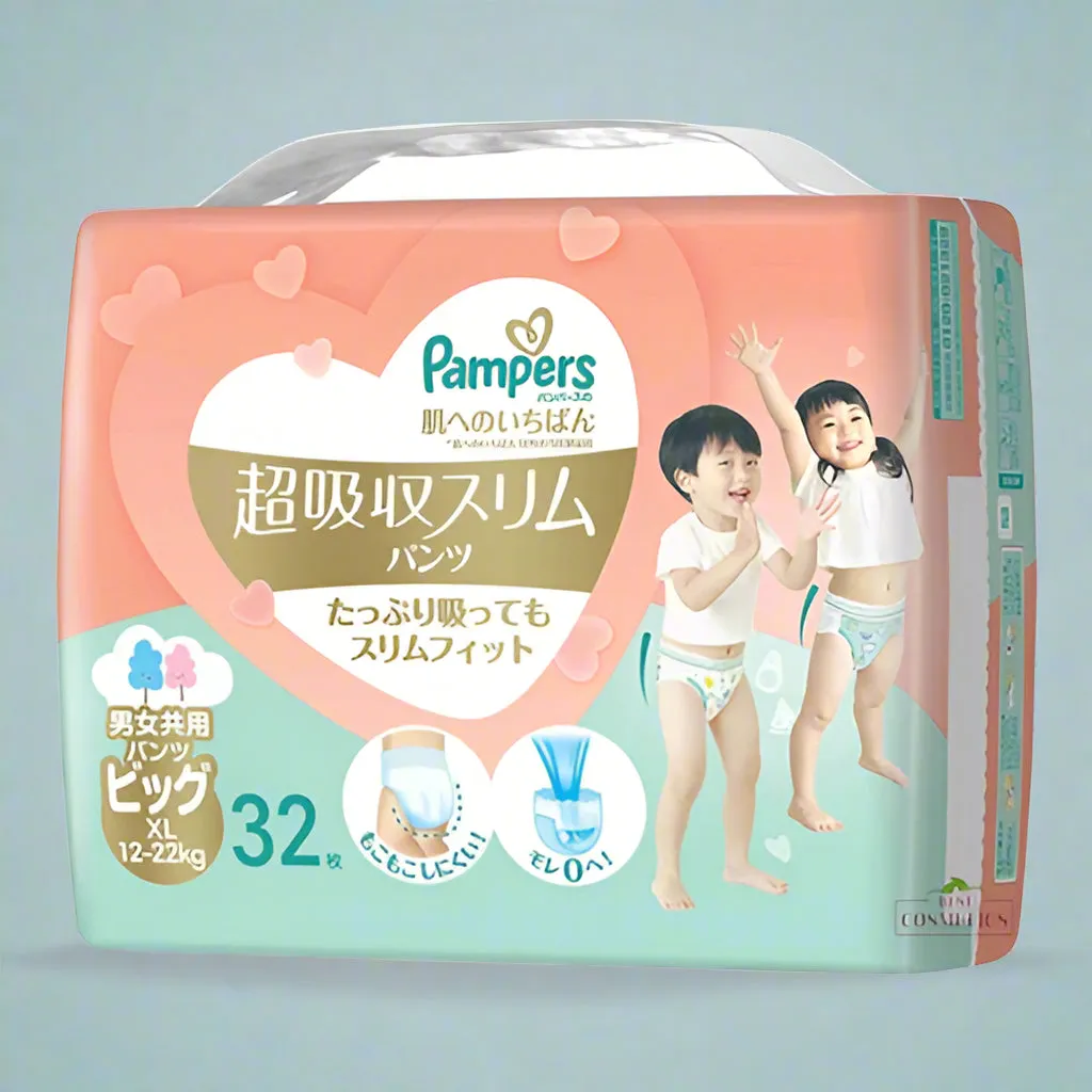 Carton Deal 4 Packs(128 Pieces) Pampers Premium Super Absorbent & Super Slim Nappy Pants | Size XL(12-22kg) | Best for Sensitive Skin Babies