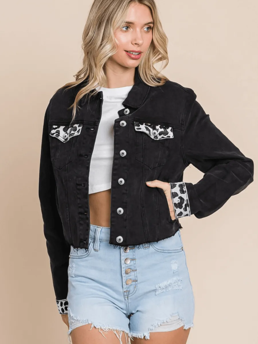 Cheetah Baby Distressed Denim Jacket - Black