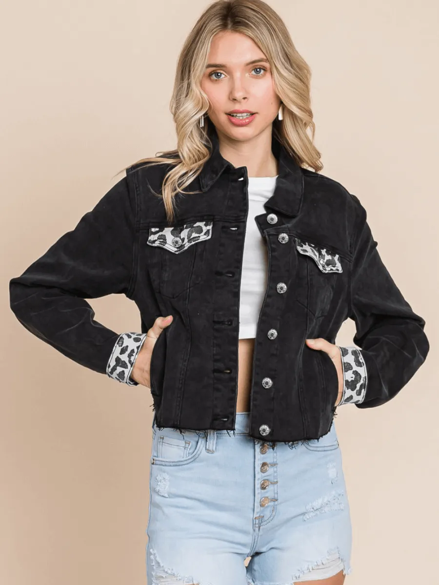 Cheetah Baby Distressed Denim Jacket - Black