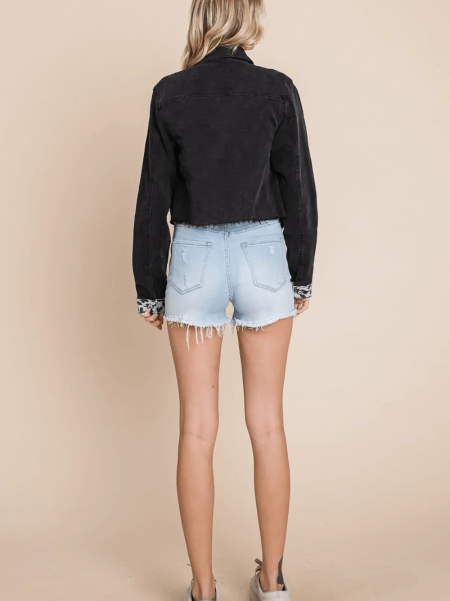 Cheetah Baby Distressed Denim Jacket - Black