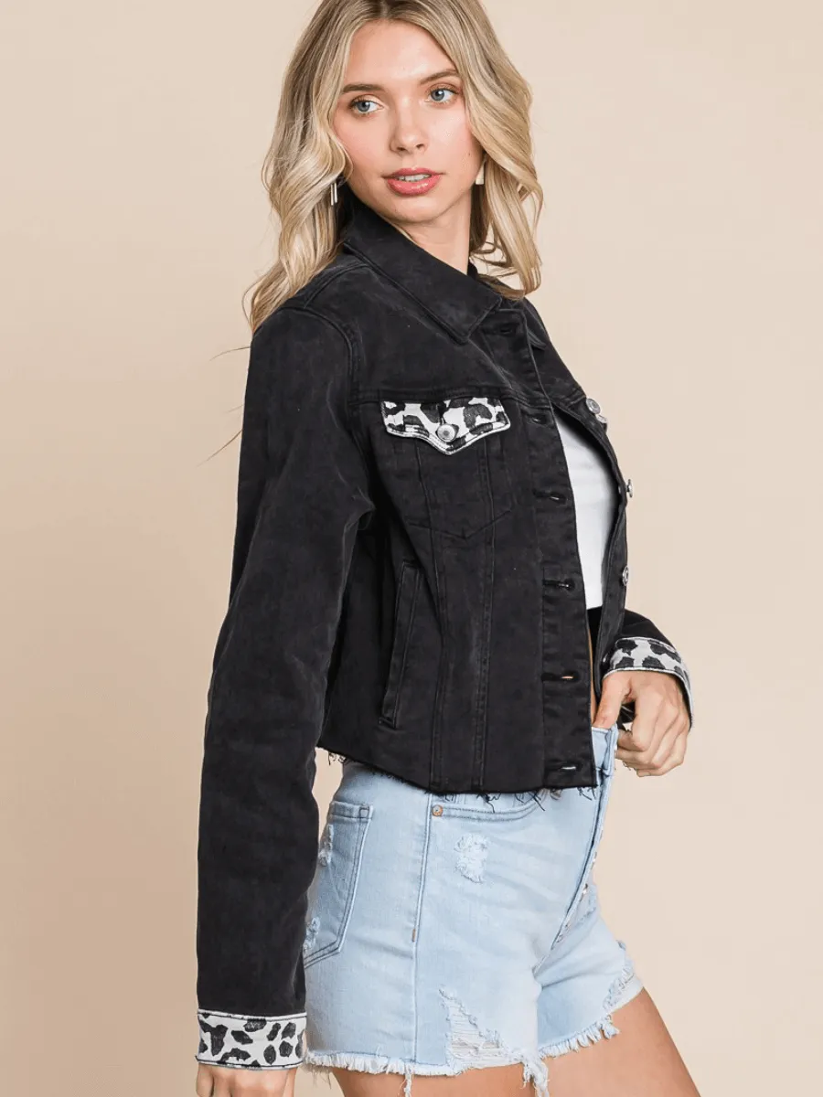 Cheetah Baby Distressed Denim Jacket - Black