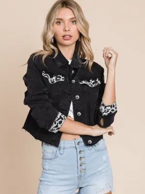Cheetah Baby Distressed Denim Jacket - Black