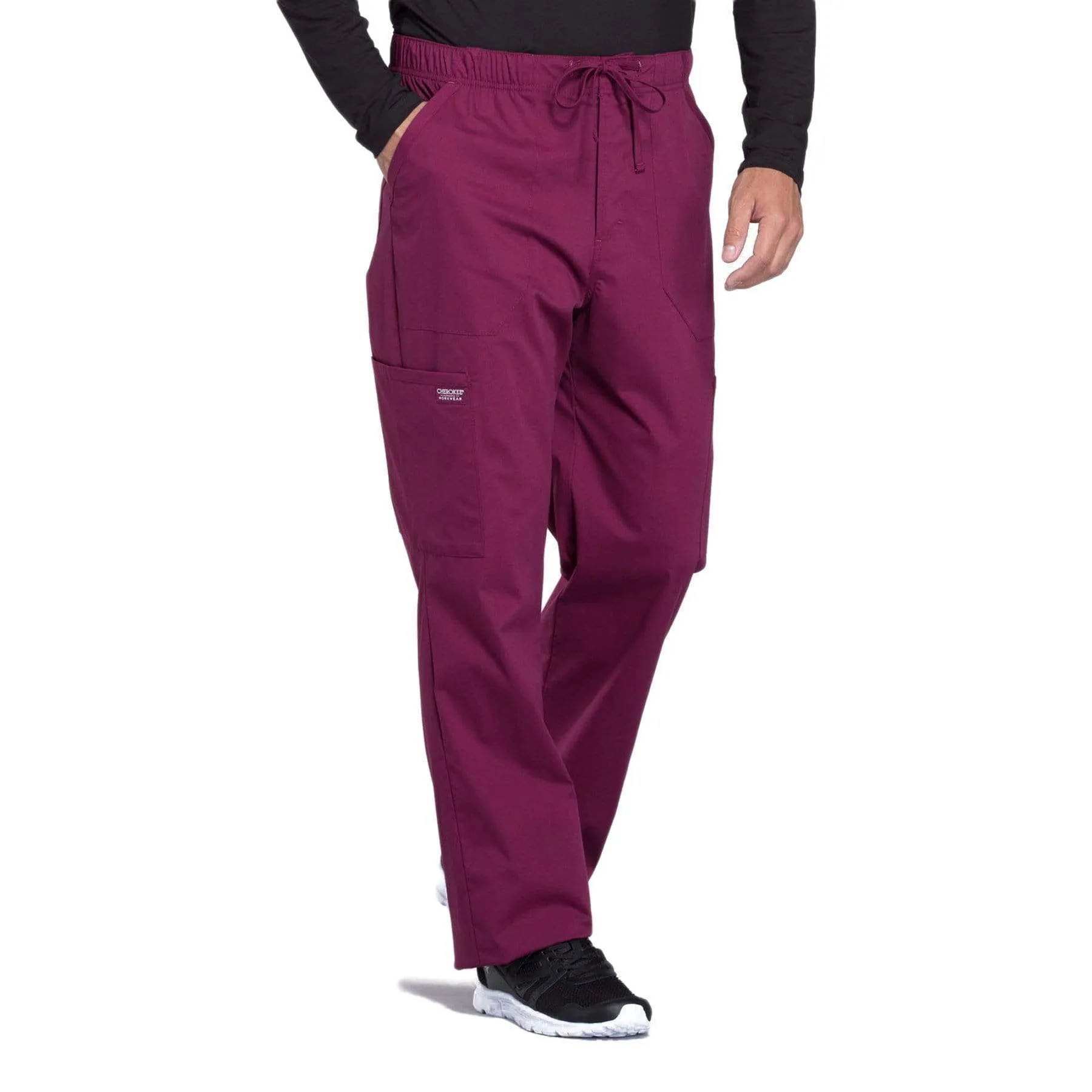 Cherokee Workwear Professionals WW190 Scrubs Pants Mens Tapered Leg Drawstring Cargo Wine