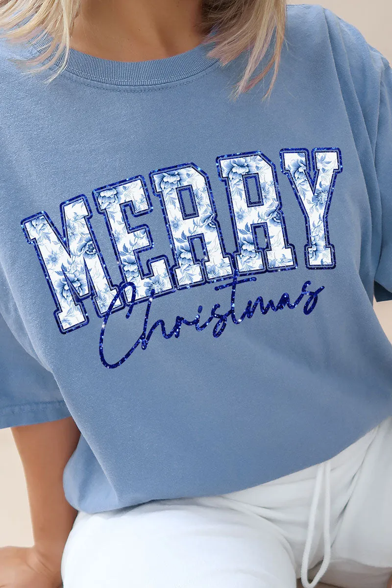Chinoiserie Blue Merry Christmas Comfort Colors Adult Ring-Spun Cotton Tee