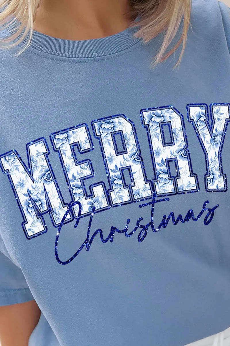Chinoiserie Blue Merry Christmas Comfort Colors Adult Ring-Spun Cotton Tee
