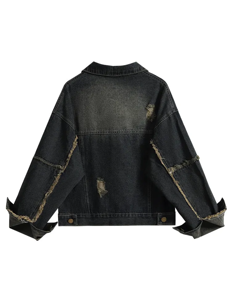 christmas outfit JazzHer Women's Ripped Denim Jacket Korean Style Long Sleeve Denim Coat Female Fashion Streetwear Harajuku Vintage Outerwear Top Clothes