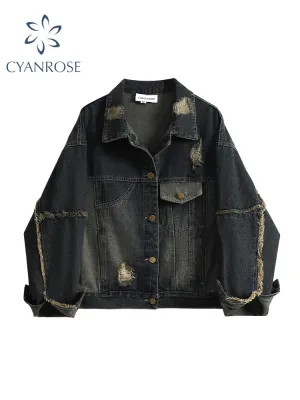 christmas outfit JazzHer Women's Ripped Denim Jacket Korean Style Long Sleeve Denim Coat Female Fashion Streetwear Harajuku Vintage Outerwear Top Clothes