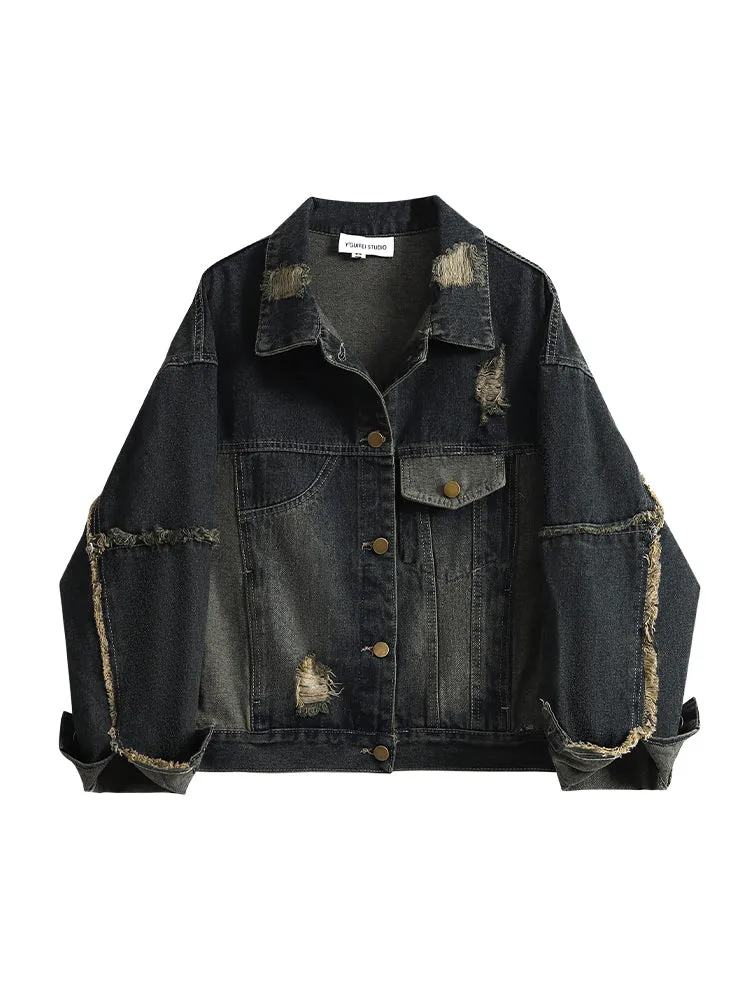 christmas outfit JazzHer Women's Ripped Denim Jacket Korean Style Long Sleeve Denim Coat Female Fashion Streetwear Harajuku Vintage Outerwear Top Clothes