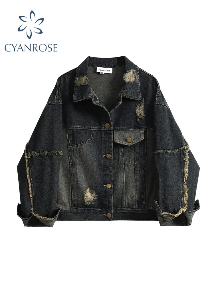 christmas outfit JazzHer Women's Ripped Denim Jacket Korean Style Long Sleeve Denim Coat Female Fashion Streetwear Harajuku Vintage Outerwear Top Clothes