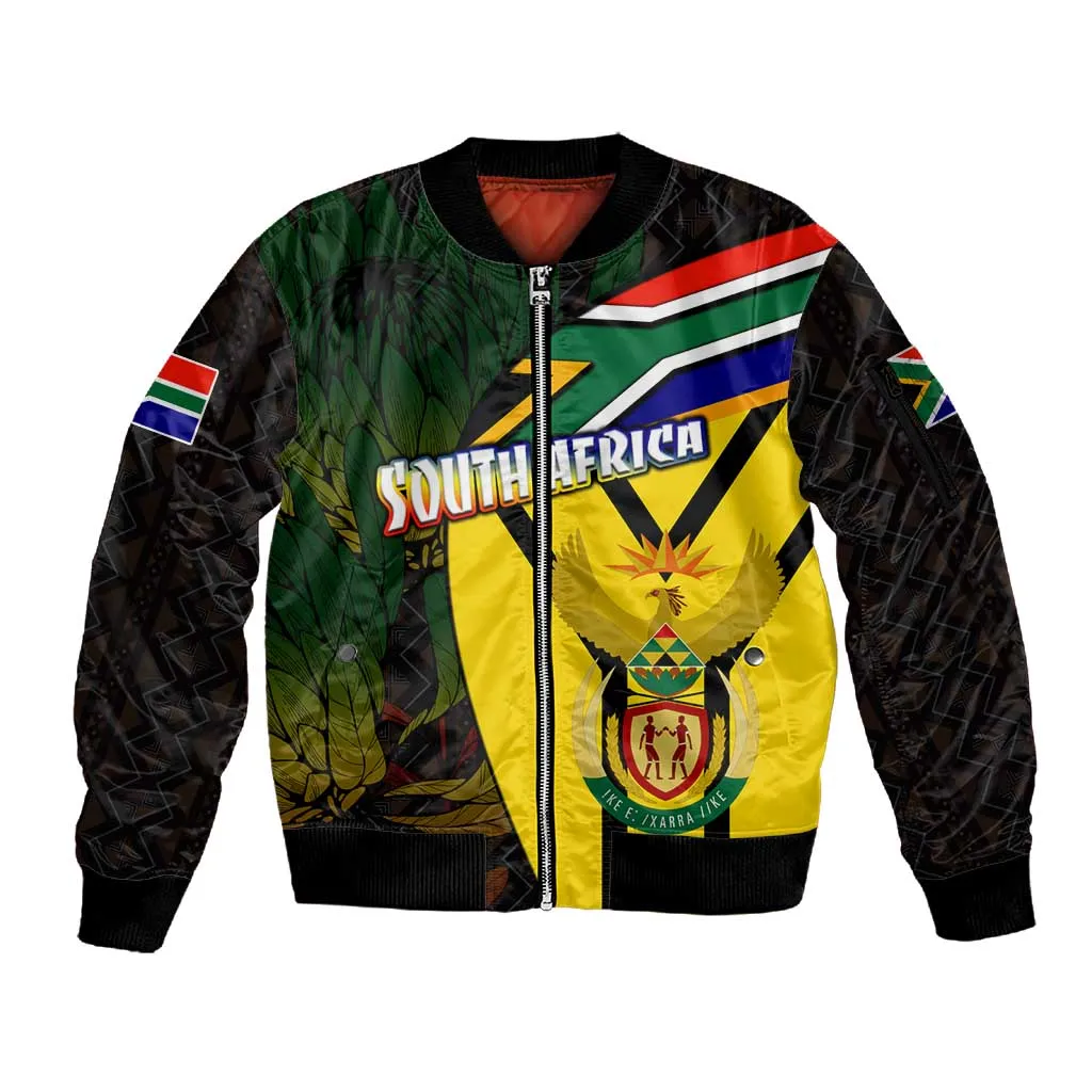 Coat Of Arms South Africa Sleeve Zip Bomber Jacket Protea Unity Heritage DT02