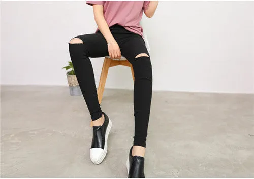 Cotton High Elastic Imitate Jeans Woman Knee Skinny Pencil Pants Slim Ripped Boyfriend Jeans For Women Black Ripped Jeans