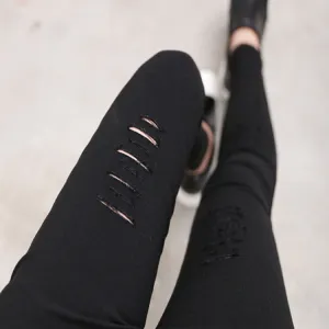 Cotton High Elastic Imitate Jeans Woman Knee Skinny Pencil Pants Slim Ripped Boyfriend Jeans For Women Black Ripped Jeans
