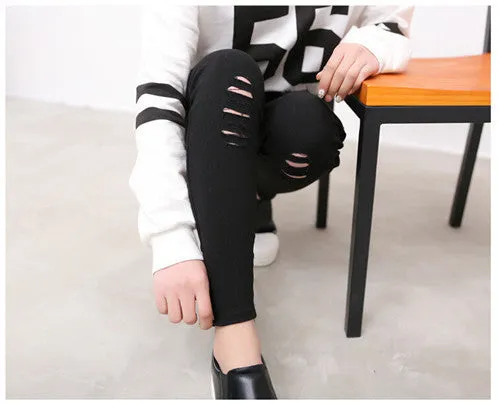 Cotton High Elastic Imitate Jeans Woman Knee Skinny Pencil Pants Slim Ripped Boyfriend Jeans For Women Black Ripped Jeans