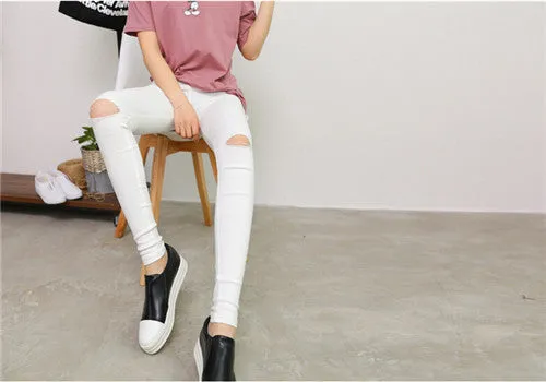 Cotton High Elastic Imitate Jeans Woman Knee Skinny Pencil Pants Slim Ripped Boyfriend Jeans For Women Black Ripped Jeans