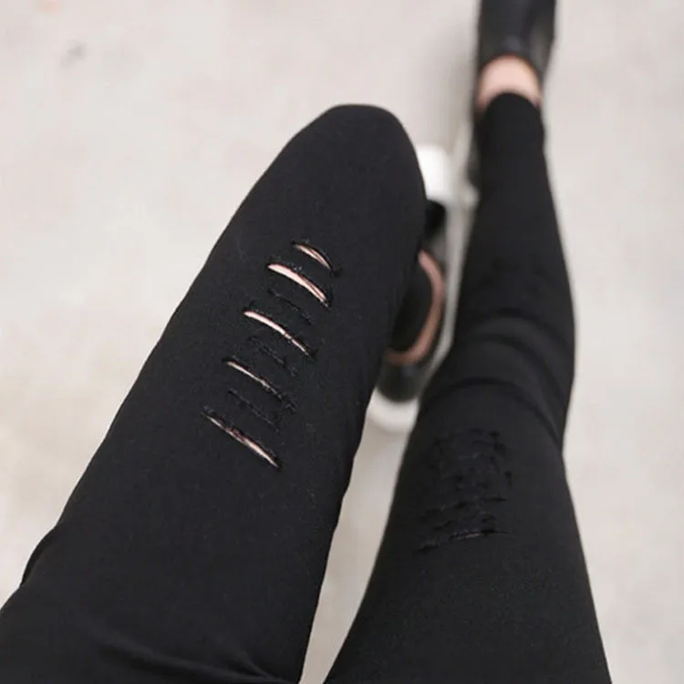 Cotton High Elastic Imitate Jeans Woman Knee Skinny Pencil Pants Slim Ripped Boyfriend Jeans For Women Black Ripped Jeans