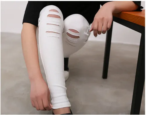 Cotton High Elastic Imitate Jeans Woman Knee Skinny Pencil Pants Slim Ripped Boyfriend Jeans For Women Black Ripped Jeans