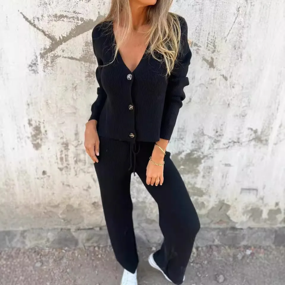 Cozy Long Sleeve Buttoned V-Neck Knitting Sweater and Drawstring Pants Two-Piece Set for a Relaxed, Stylish Vibe