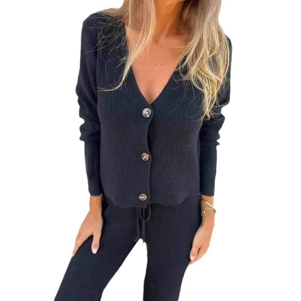 Cozy Long Sleeve Buttoned V-Neck Knitting Sweater and Drawstring Pants Two-Piece Set for a Relaxed, Stylish Vibe