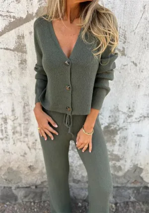 Cozy Long Sleeve Buttoned V-Neck Knitting Sweater and Drawstring Pants Two-Piece Set for a Relaxed, Stylish Vibe