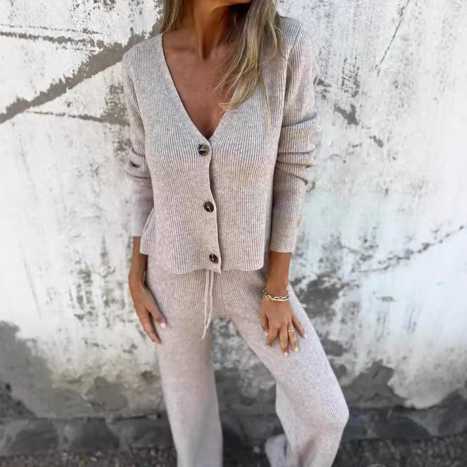 Cozy Long Sleeve Buttoned V-Neck Knitting Sweater and Drawstring Pants Two-Piece Set for a Relaxed, Stylish Vibe