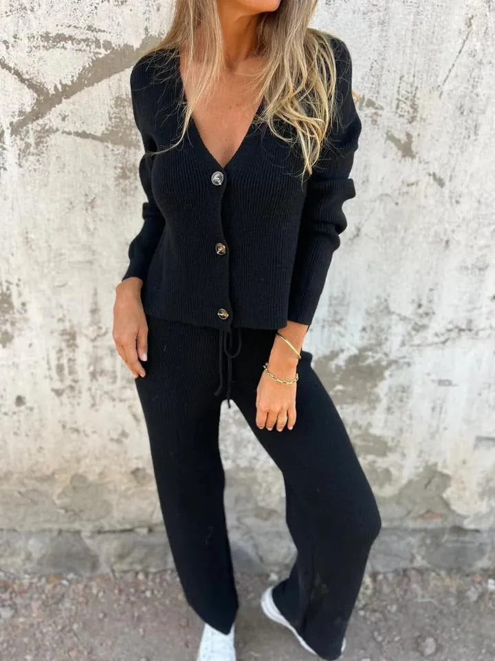 Cozy Long Sleeve Buttoned V-Neck Knitting Sweater and Drawstring Pants Two-Piece Set for a Relaxed, Stylish Vibe