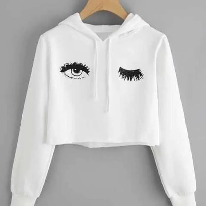 Crop Printed Fleece Hoodie For womens
