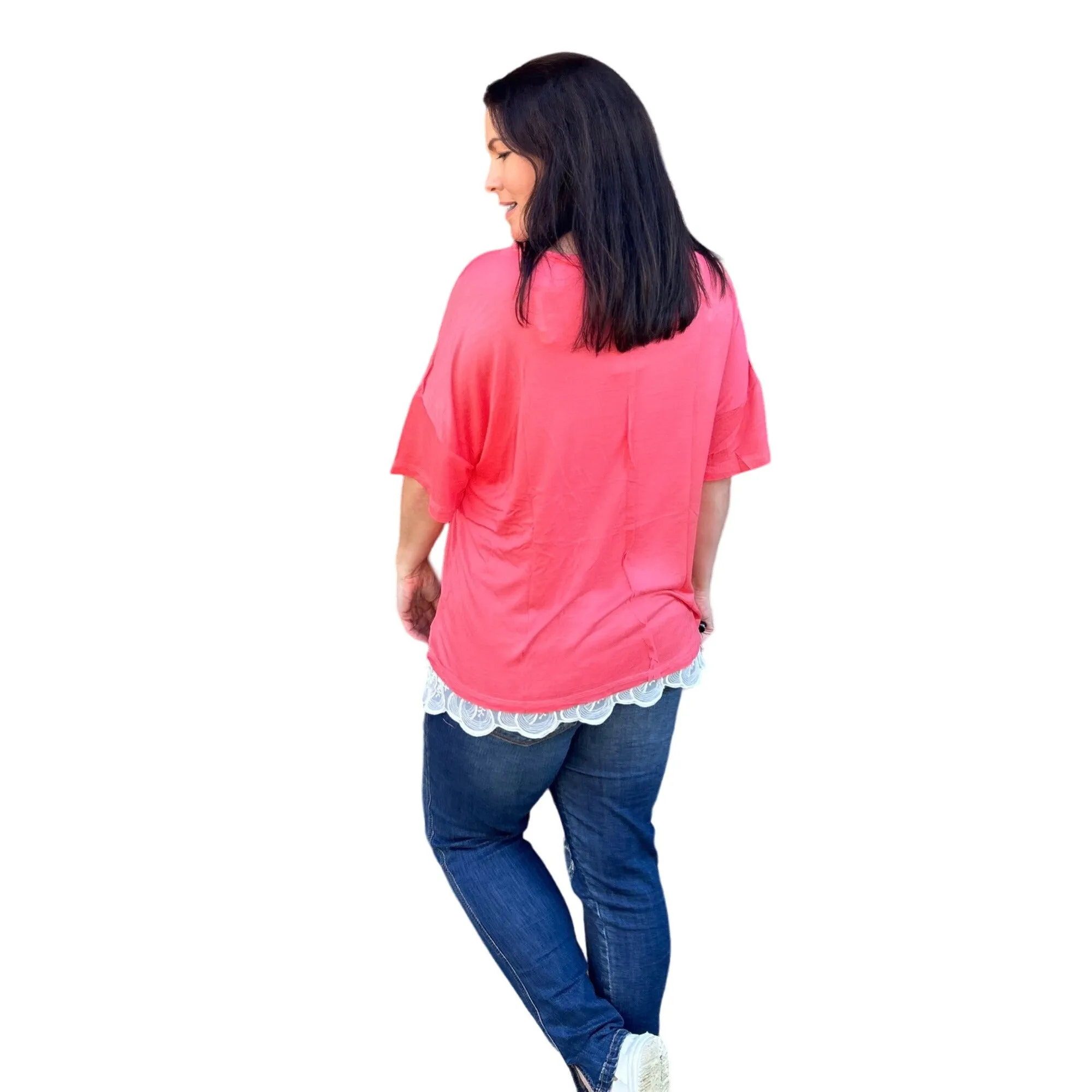 Culture Code Pink Crew Neck Exposed Yoke Seam Short Sleeve Boxy Top CAY1646