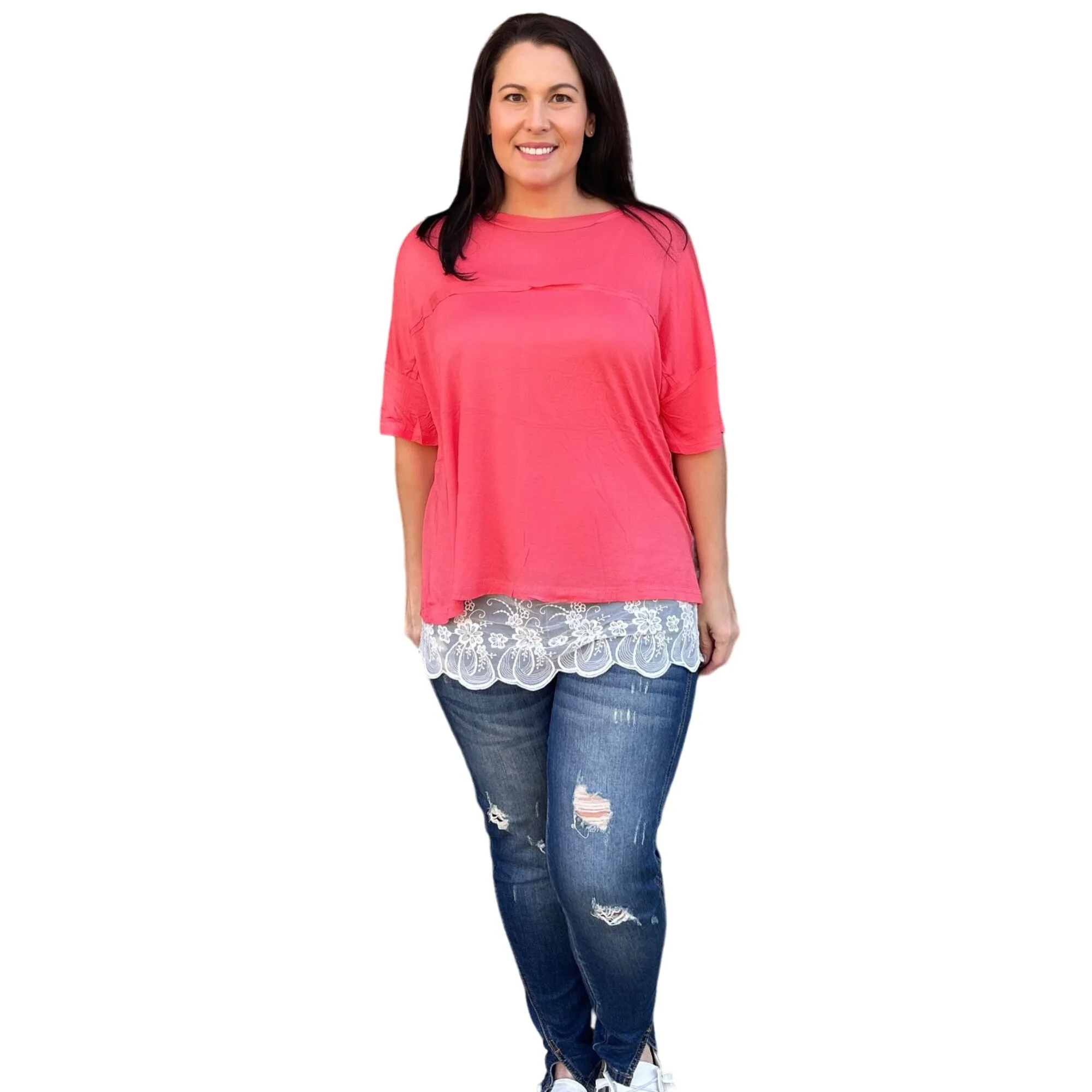 Culture Code Pink Crew Neck Exposed Yoke Seam Short Sleeve Boxy Top CAY1646