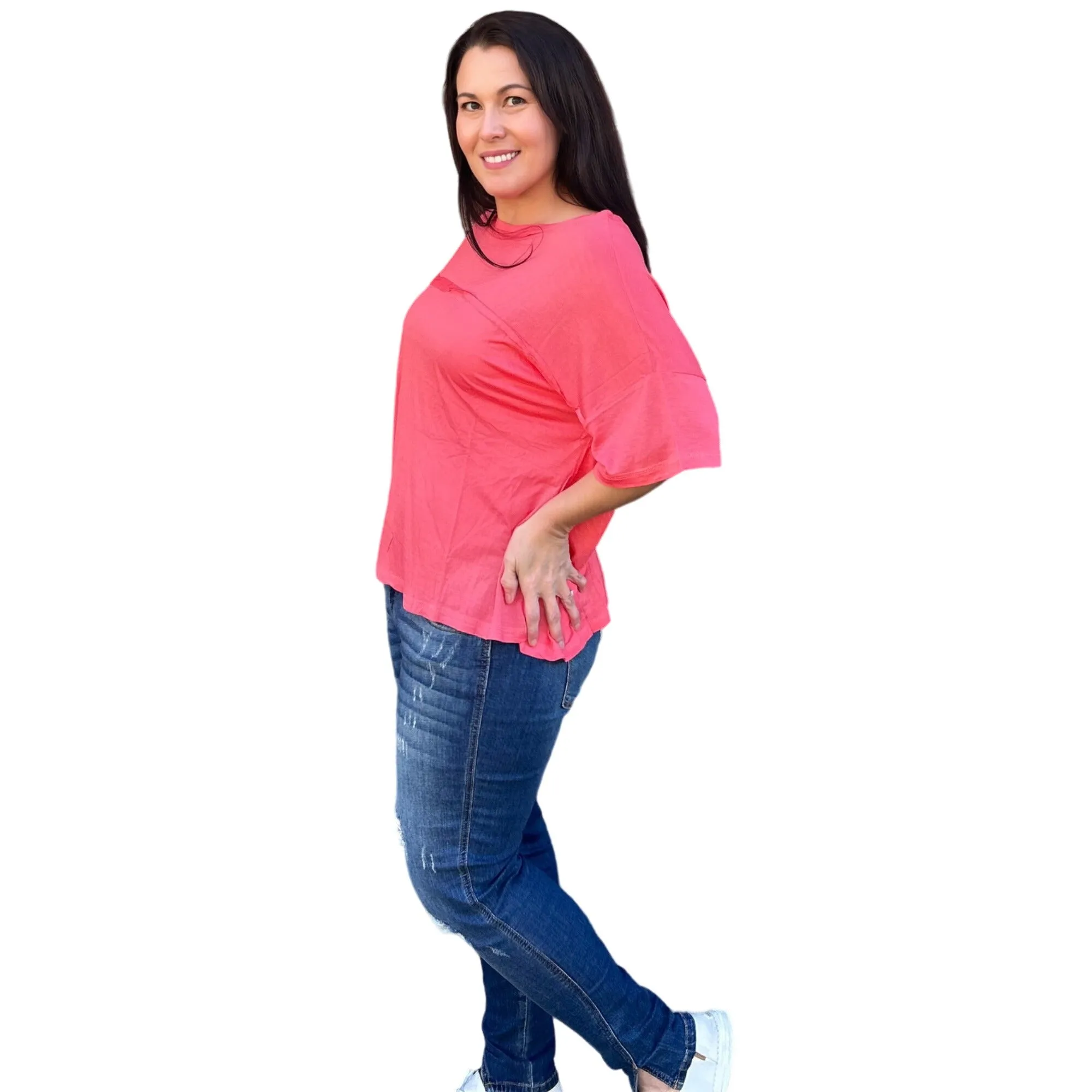 Culture Code Pink Crew Neck Exposed Yoke Seam Short Sleeve Boxy Top CAY1646
