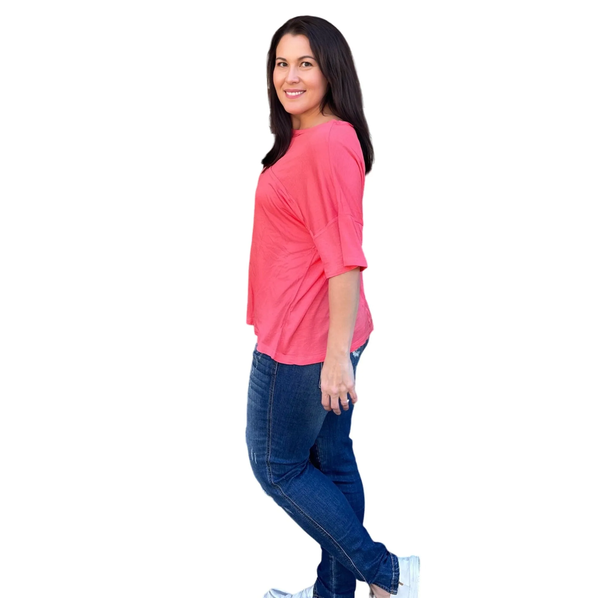 Culture Code Pink Crew Neck Exposed Yoke Seam Short Sleeve Boxy Top CAY1646