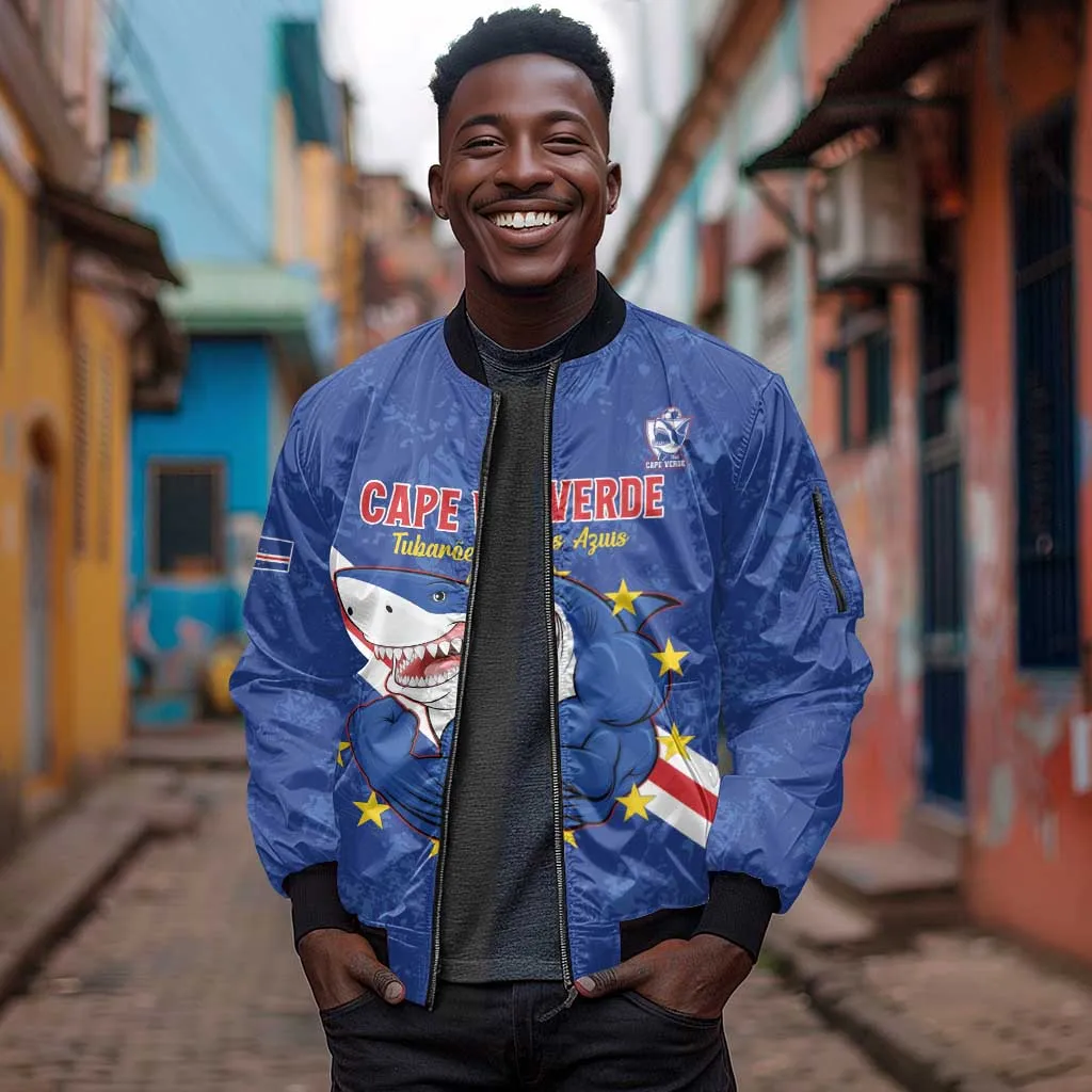 Custom Cabo Verde Football Sleeve Zip Bomber Jacket Go Tubaroes Azuis LT15