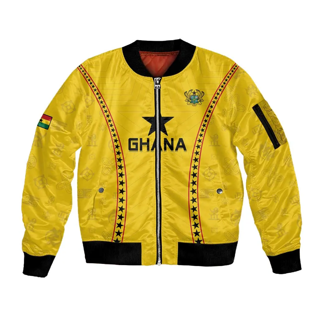 Custom Ghana Football Sleeve Zip Bomber Jacket Mix Adinkra Pattern LT15