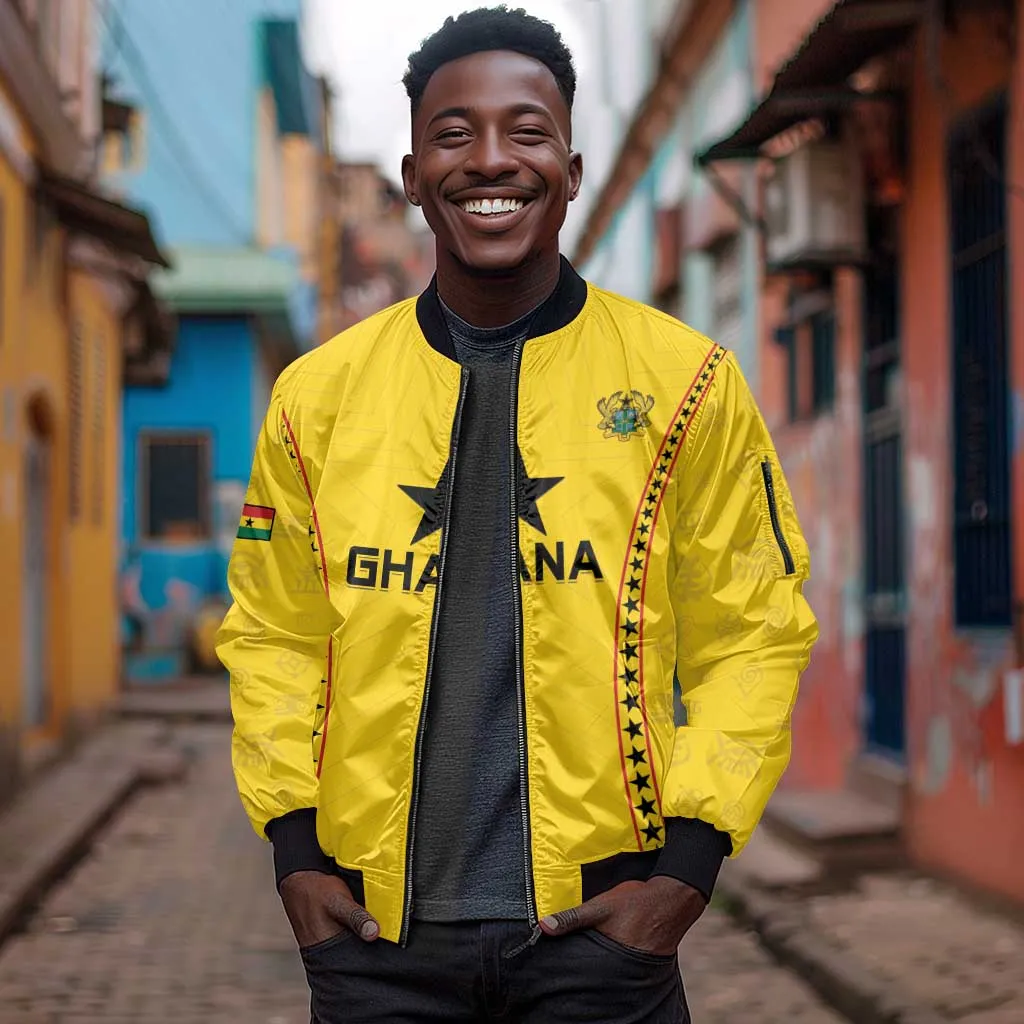 Custom Ghana Football Sleeve Zip Bomber Jacket Mix Adinkra Pattern LT15