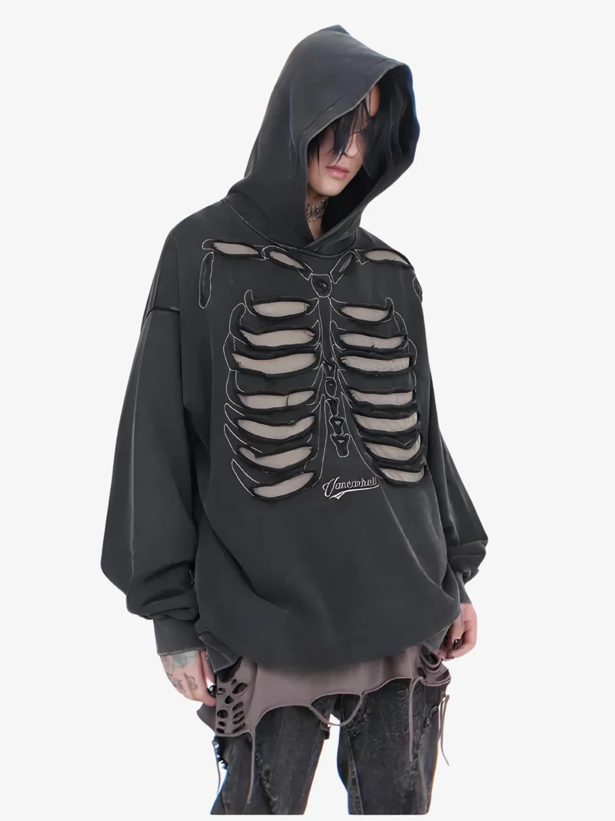 CUT OUT SKELETON ZIP UP HOODIE
