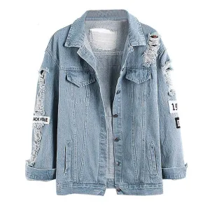 Daylook Light Blue Letter Patch Ripped Pockets Denim Coat Women Casual Style Fashion Wear Plus Size S-XL
