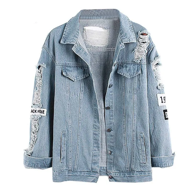 Daylook Light Blue Letter Patch Ripped Pockets Denim Coat Women Casual Style Fashion Wear Plus Size S-XL