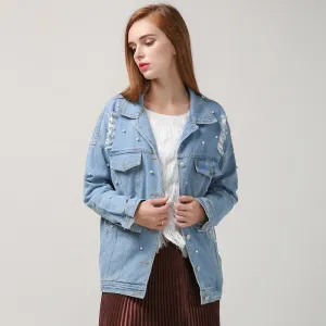 denim jacket women basic coats pearl bead ripped hole long sleeves streetwear clothing