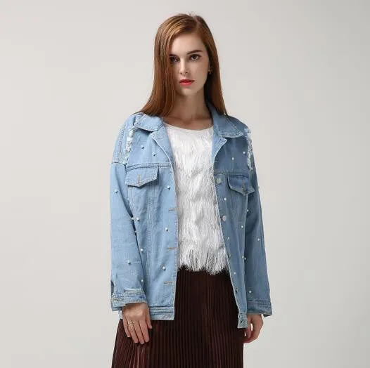 denim jacket women basic coats pearl bead ripped hole long sleeves streetwear clothing
