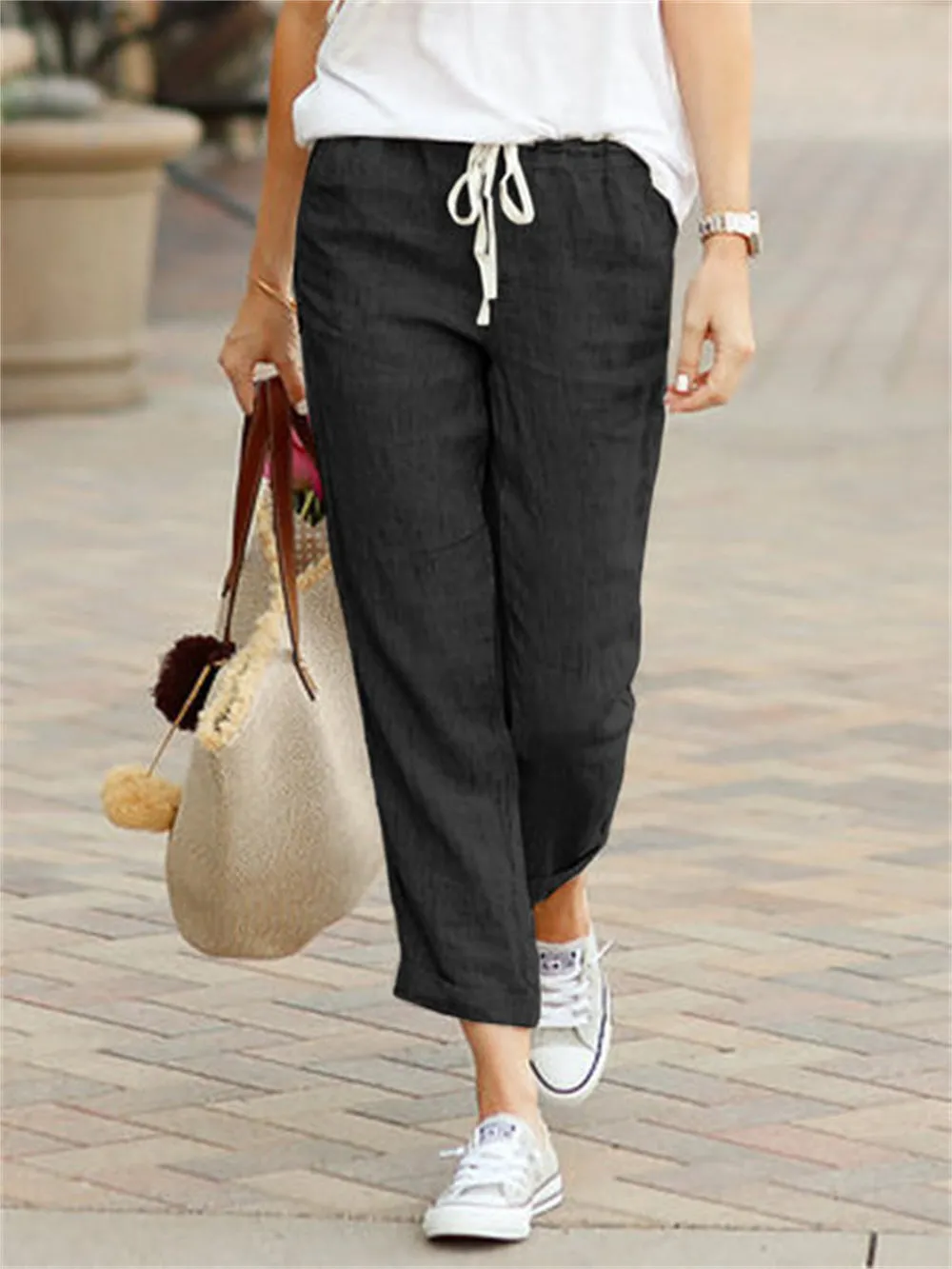 Drawstring Elastic Waist Cotton And Linen Pants