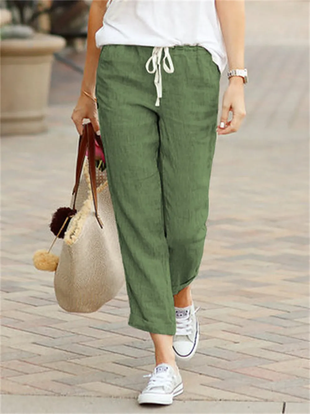 Drawstring Elastic Waist Cotton And Linen Pants
