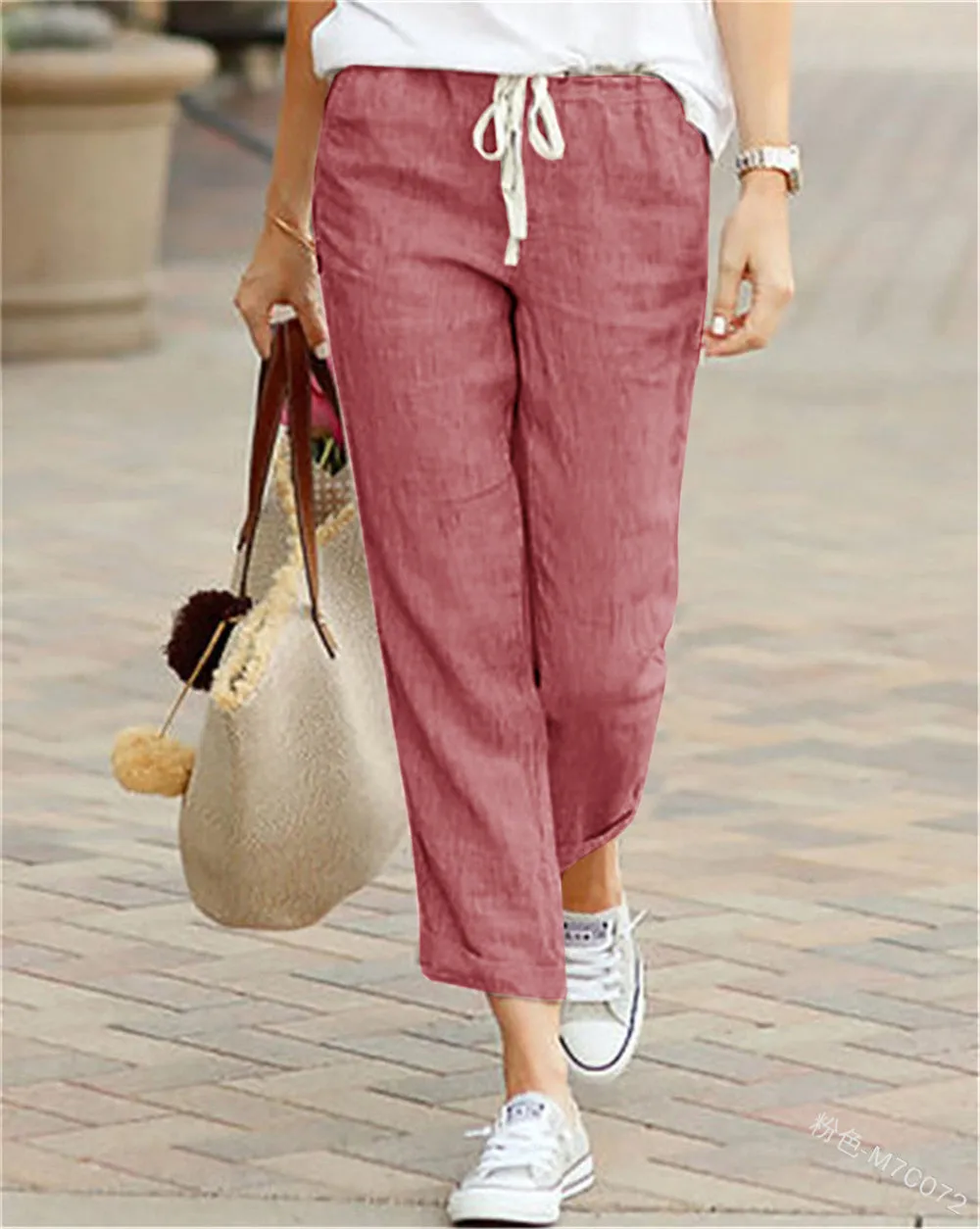 Drawstring Elastic Waist Cotton And Linen Pants