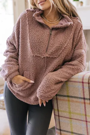 dusty pink Collared Neckline Half Zip Fluffy Pullover Sweatshirt