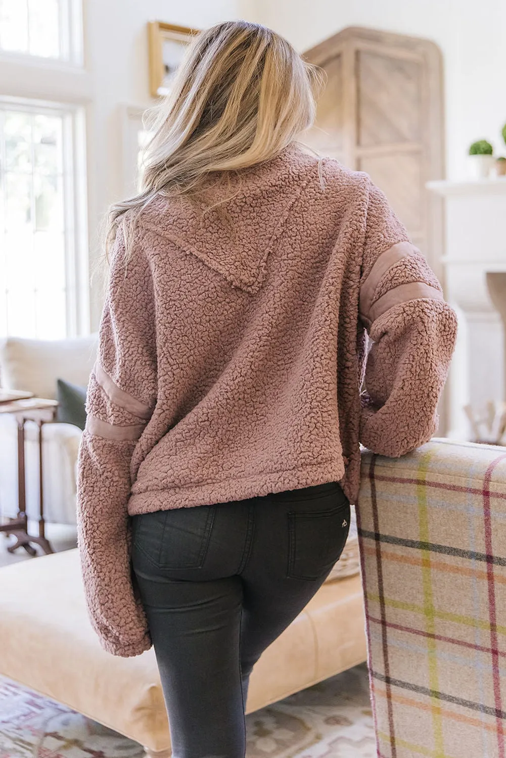 dusty pink Collared Neckline Half Zip Fluffy Pullover Sweatshirt